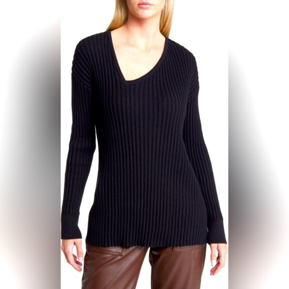 Open Edit Black Asymmetric 100% Cotton V-Neck Tunic Sweater NWT